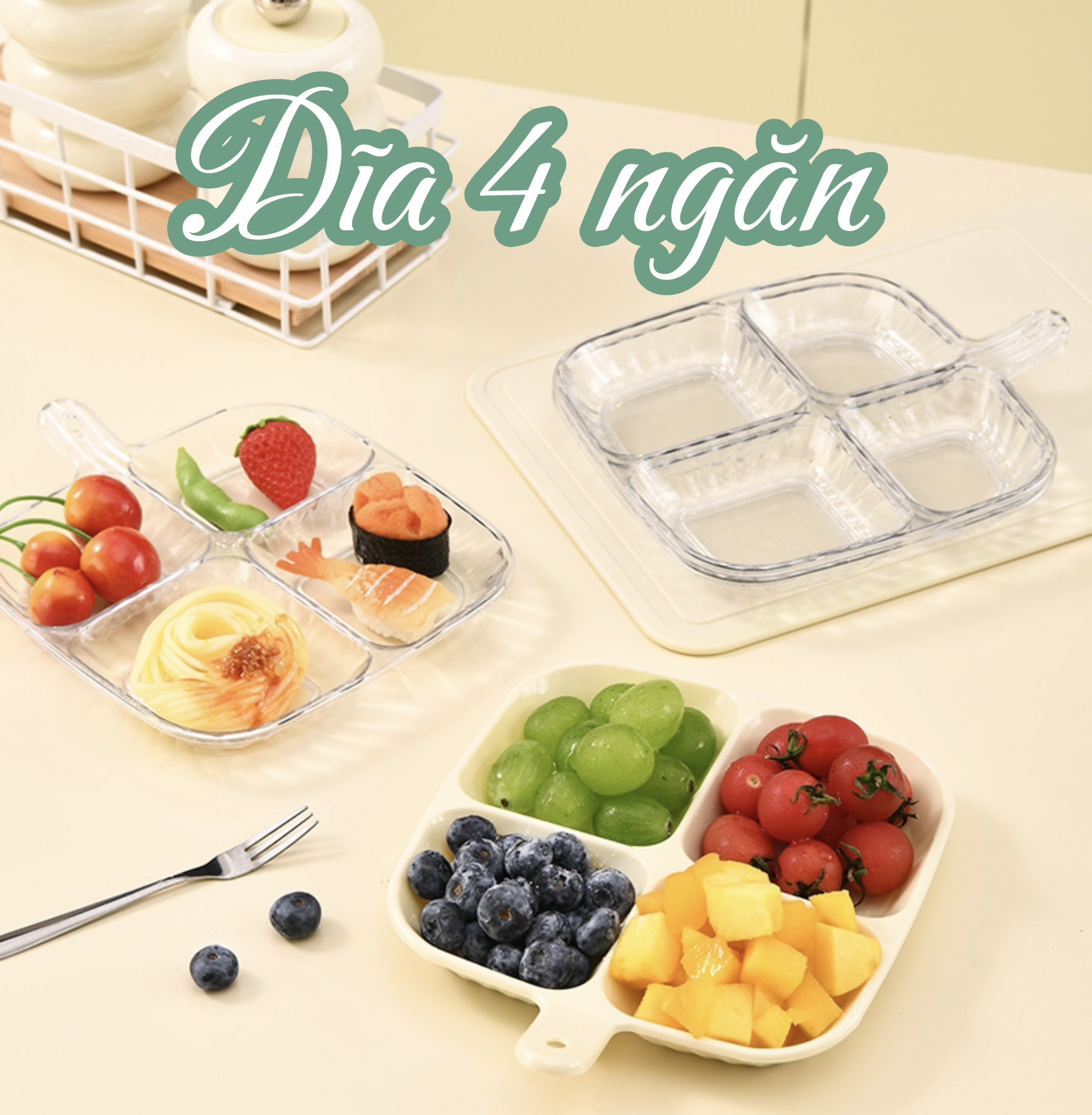 Dĩa 4 ngăn, Dĩa đựng gừng tỏi gia vị nhựa PET chia 4 ngăn đa năng có tay cầm tiện lợi 16.5x19.8cm, đĩa , dĩa 4 ngăn, dĩa 4 ngăn, khay nhựa, khay đựng cơm, khay 4 ngăn, khay 4 ngăn đựng cơm, khay