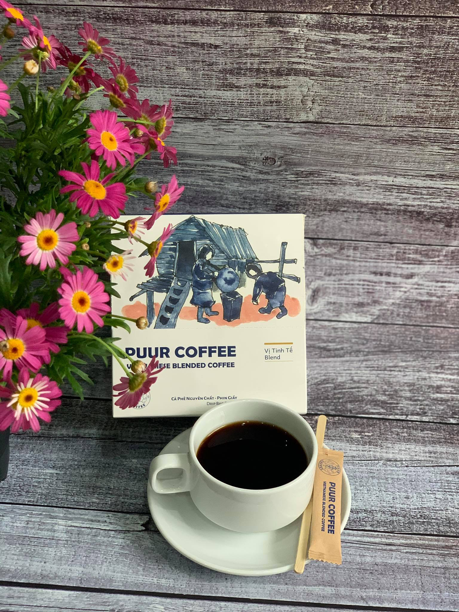 Cà Phê Phin Giấy Blend PuurCoffee  (Hộp 10 Gói + 10 Gói Đường + 10 Que khuấy gỗ)