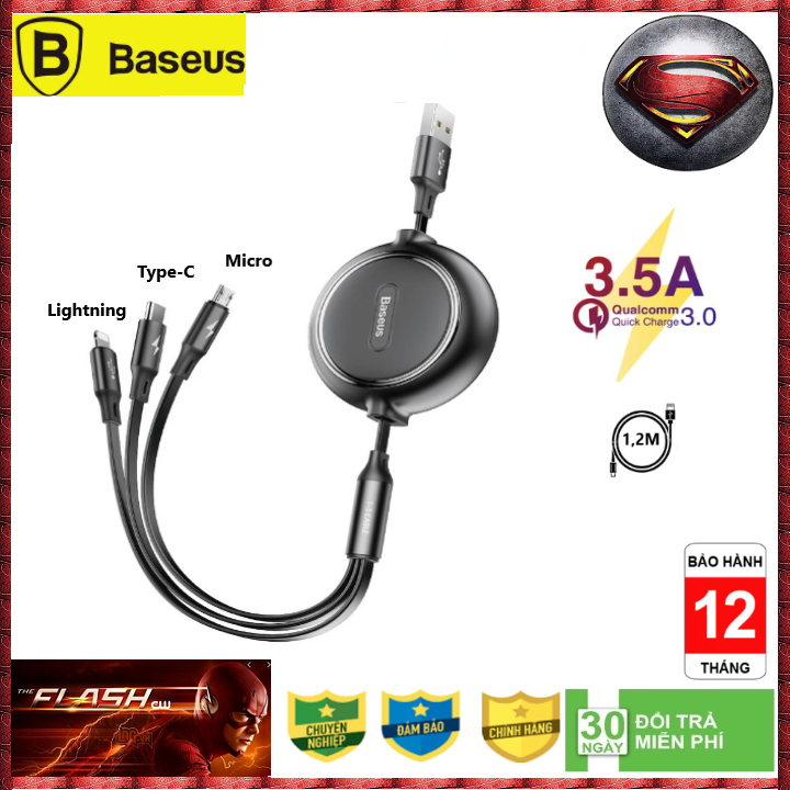 Cáp sạc dây rút baseus little octopus lv391 tích hợp 3 đầu type c / micro usb/ lightning 3.5a 1.2m