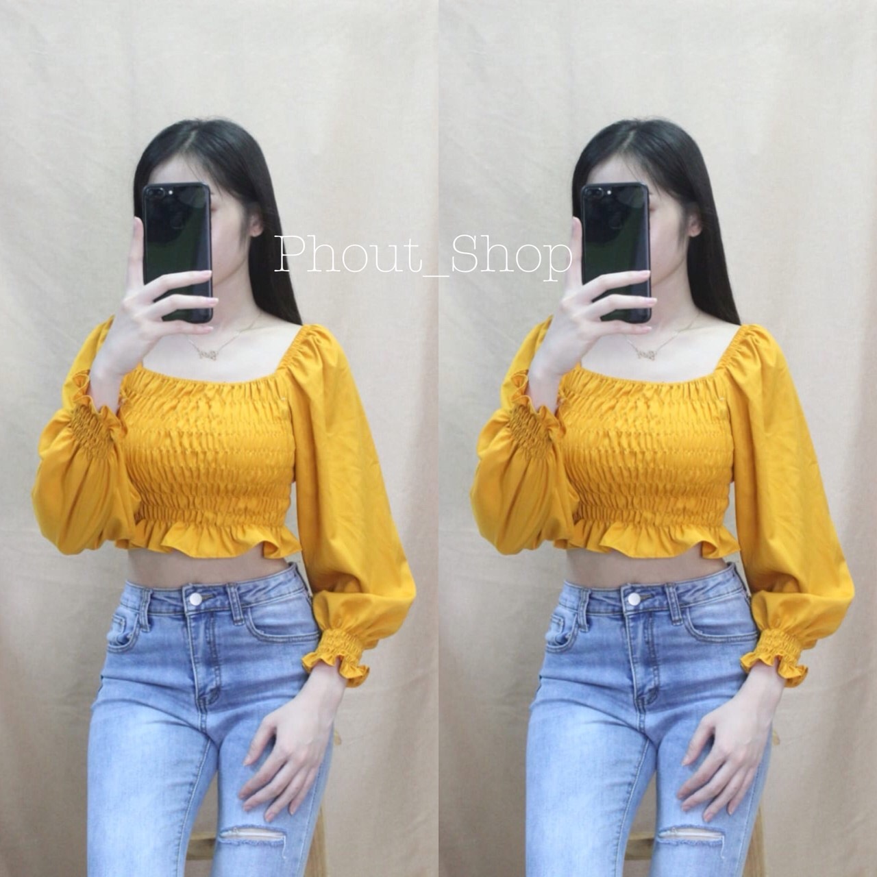 Áo voan croptop cổ vuông nhún thân tay dài bo tay xinh xắn TTSLA0024
