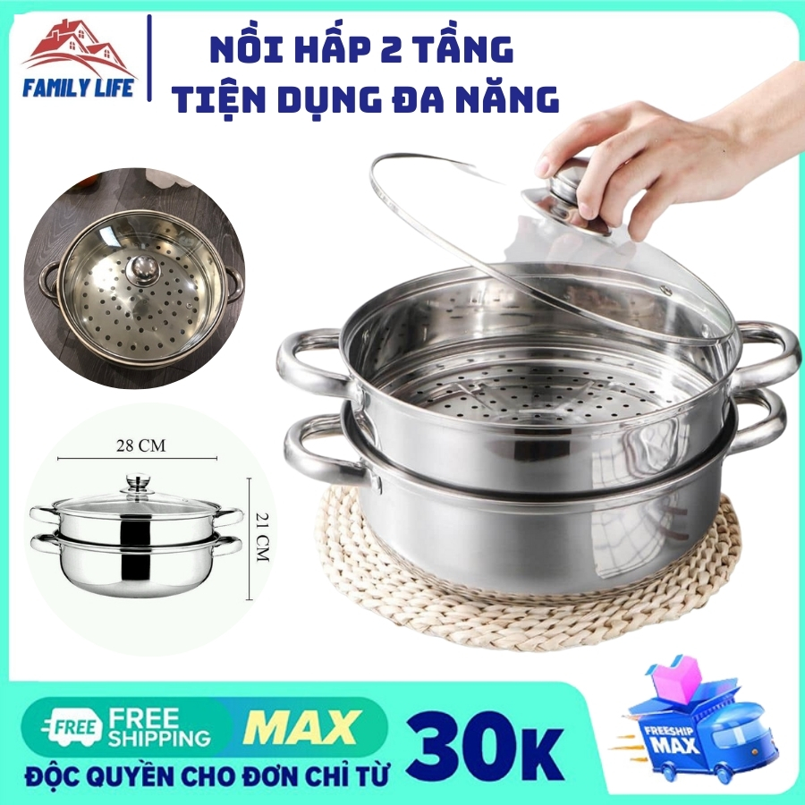 Nồi Hấp Inox 2 Tầng Hotpot Size 28cm Đa Năng Cao Cấp, Nồi Hấp Đa Năng 2 Tầng Cao Cấp Nắp Kính