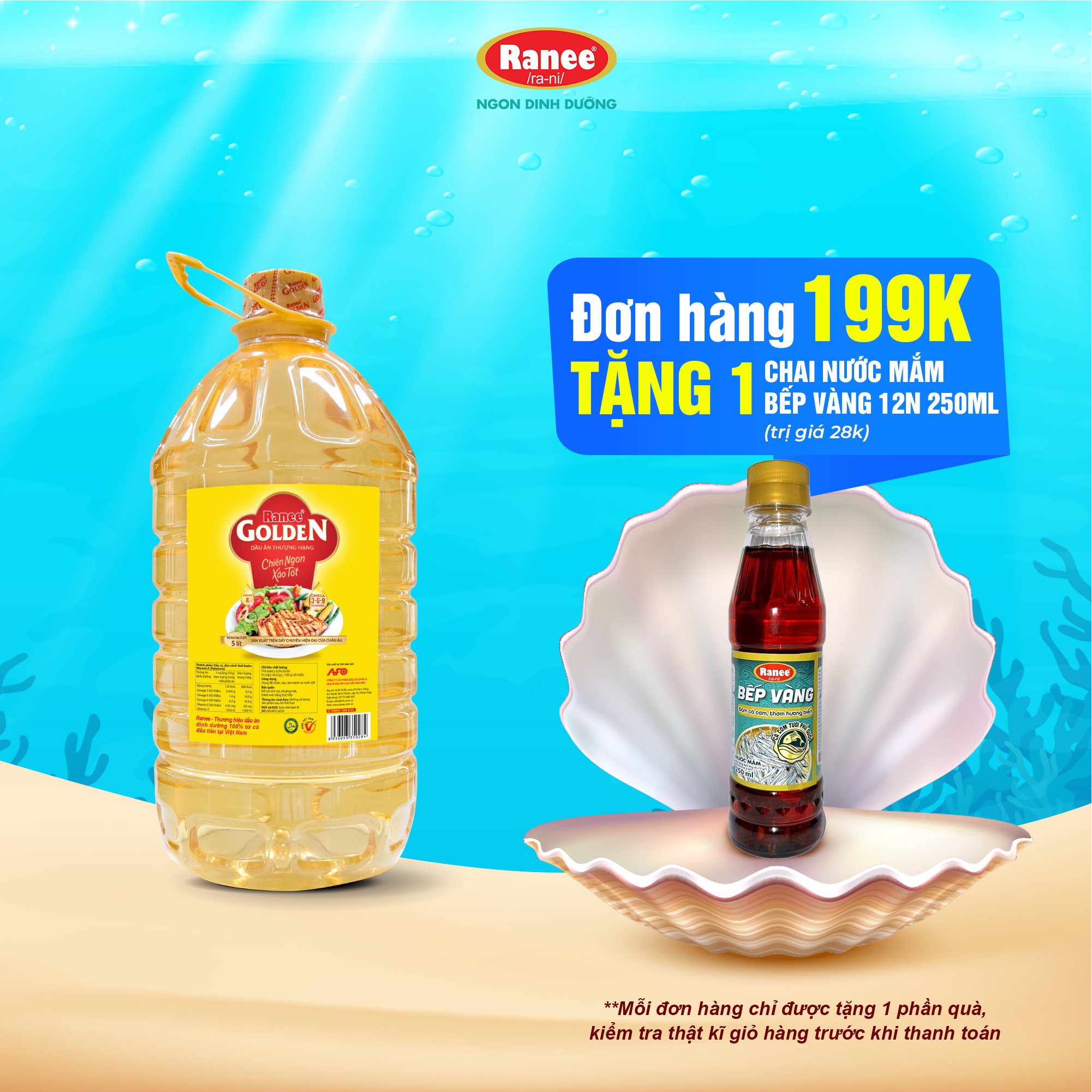 {Đơn 199k tặng hộp bơ -399k tặng vá gỗ}  Dầu ăn thượng hạng Ranee Golden 5 lít