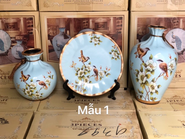 Bộ 3 đĩa bình gốm sứ hút lộc decor siêu xinh