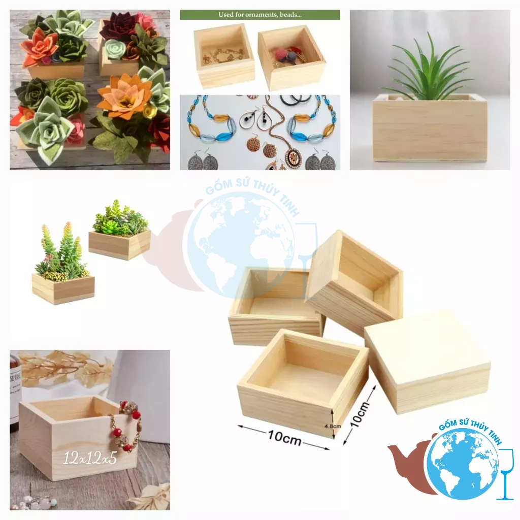 Hộp gỗ vuông cắm hoa, trồng cây / bình cắm hoa bằng gỗ nhiều kích thước chậu gỗ 10x10x10 / 12x12x12 / 8x8x8