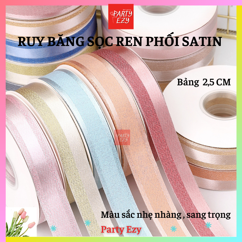 RUY BĂNG SỌC REN PHỐI SATIN 2 MẶT SIZE 2,5CM