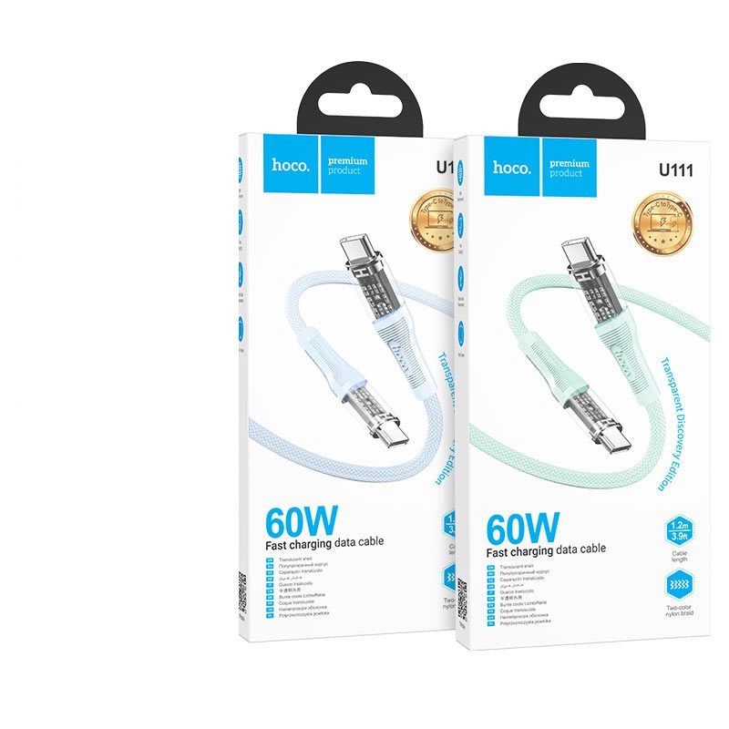 Cáp sạc nhanh 60W Hoco U111 Type-C to Type-C dây dù 1.2m (xanh)