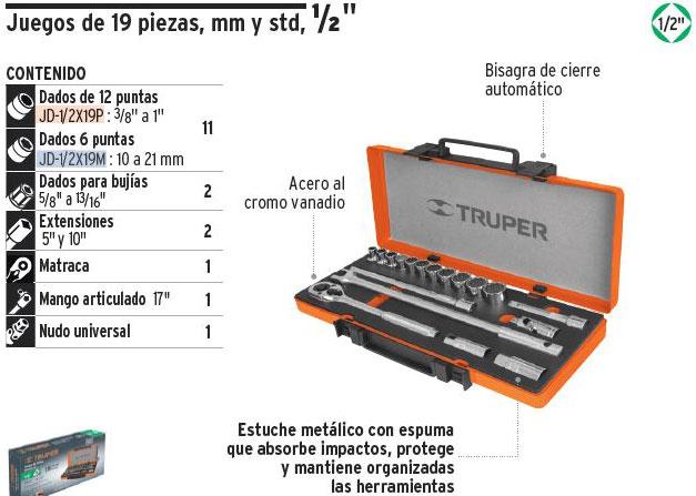 Bộ khẩu 19 chi tiết Truper 13936 (JD-1/2X19M)