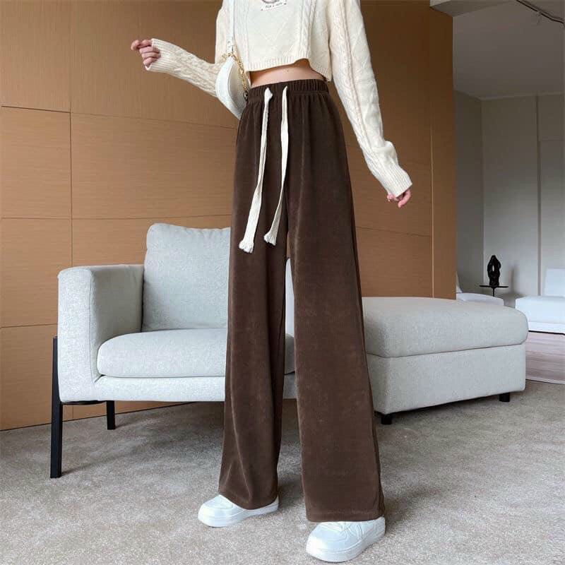 Quần ống rộng nữ lưng cao rút dây bản to - quần ống suông CULOTES vải nhung tăm cạp cao