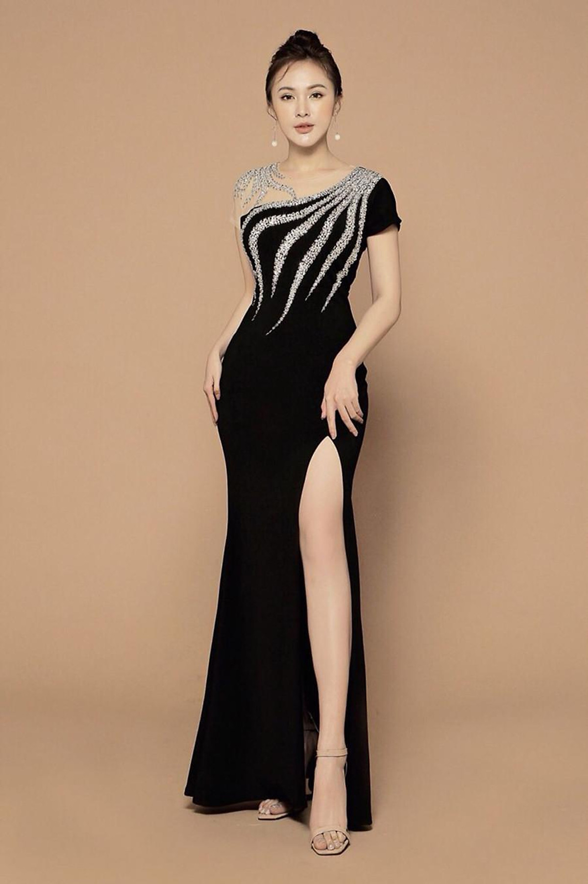 Đầm dạ hội xẻ đùi đính kim sa V003