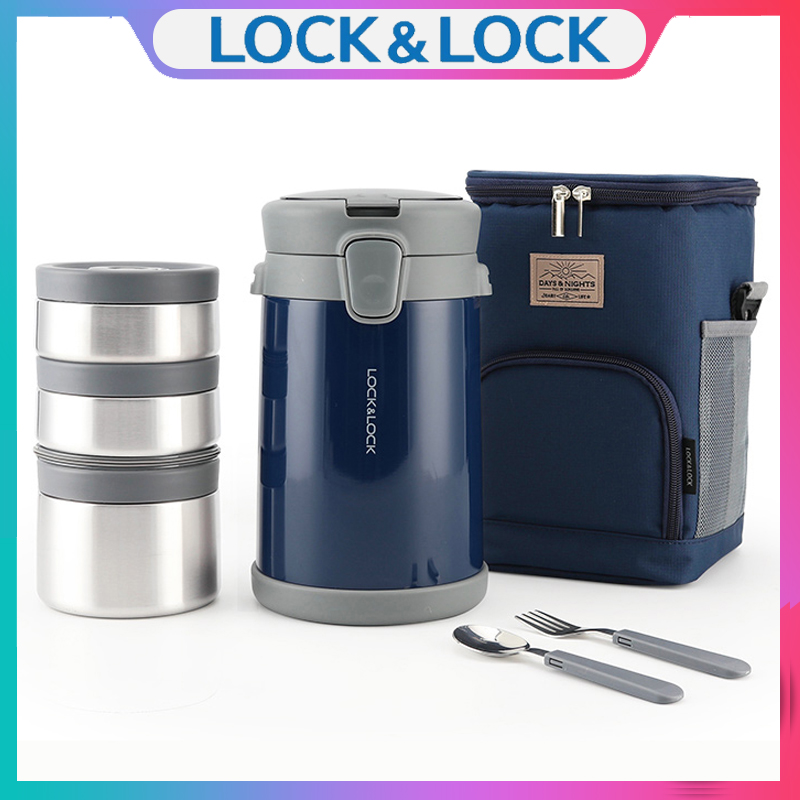 Bộ Hộp Cơm Giữ Nhiệt Lock&Lock Easy Carry 2L LHC8039 Có Túi (1 Hộp 720ml, 2 Hộp 420ml Kèm 1 Bộ Muỗng Và Nĩa)