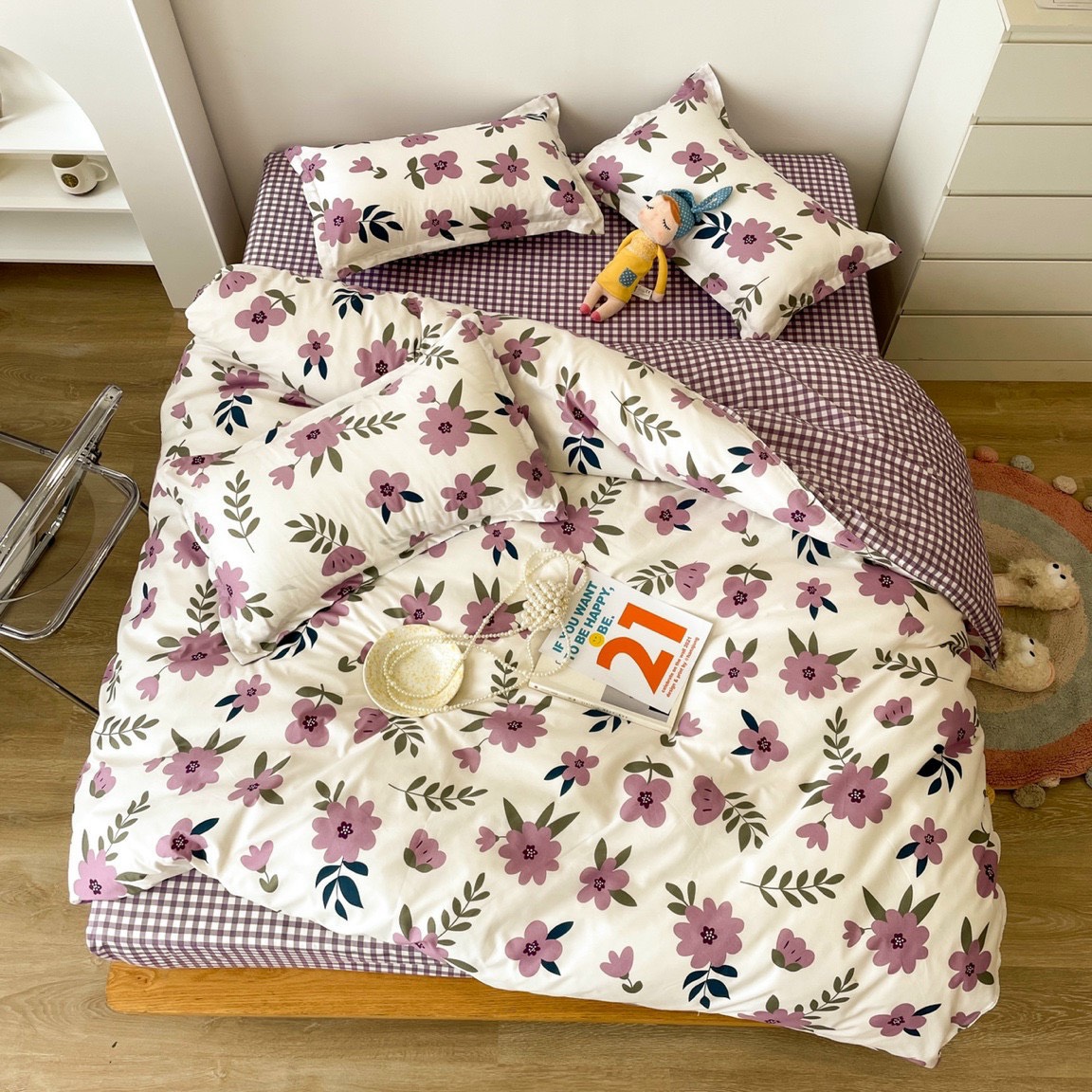 Bộ Chăn Ga Gối Cotton Poly - Hoa Tím ( 1 Drap + 2 Vỏ Gối Nằm + 1 Vỏ Chăn ) Tiệm Nhà Cá