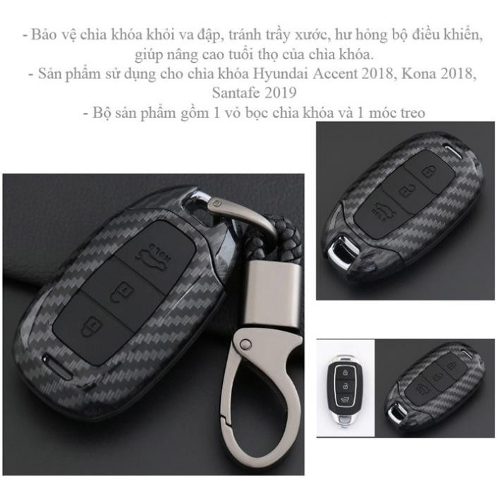Ốp bọc chìa khóa xe #Hyundai Kona 2019, Hyundai Accent 2018-2019, Hyundai Santafe 2019 vân Carbon kèm móc đeo INOX