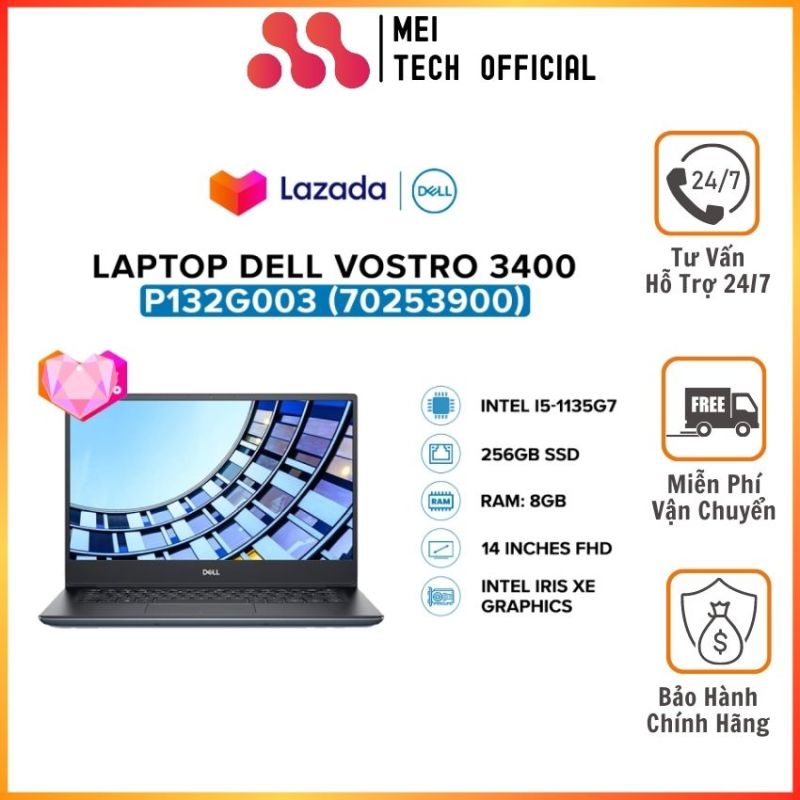 [Freeship] Laptop Dell Vostro 3400 (70253900)/ Black/ Intel Core i5-1135G7 (up to 4.2Ghz, 8MB)/ RAM 8GB/ 256GB SSD/ Intel Iris Xe Graphics/ 14.0 inch FHD/ McAfee MDS/ OfficeHS19/ Win 10H/ 1 Yr -MEI Tech Official- MEI268 Hàng Chính Hãng