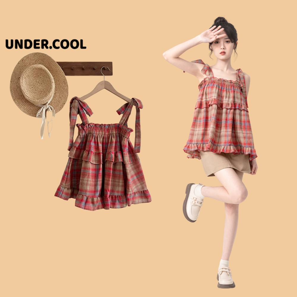 Áo hai dây babydoll kẻ caro đỏ undercool có dây buộc, áo kiểu nữ dáng babydoll