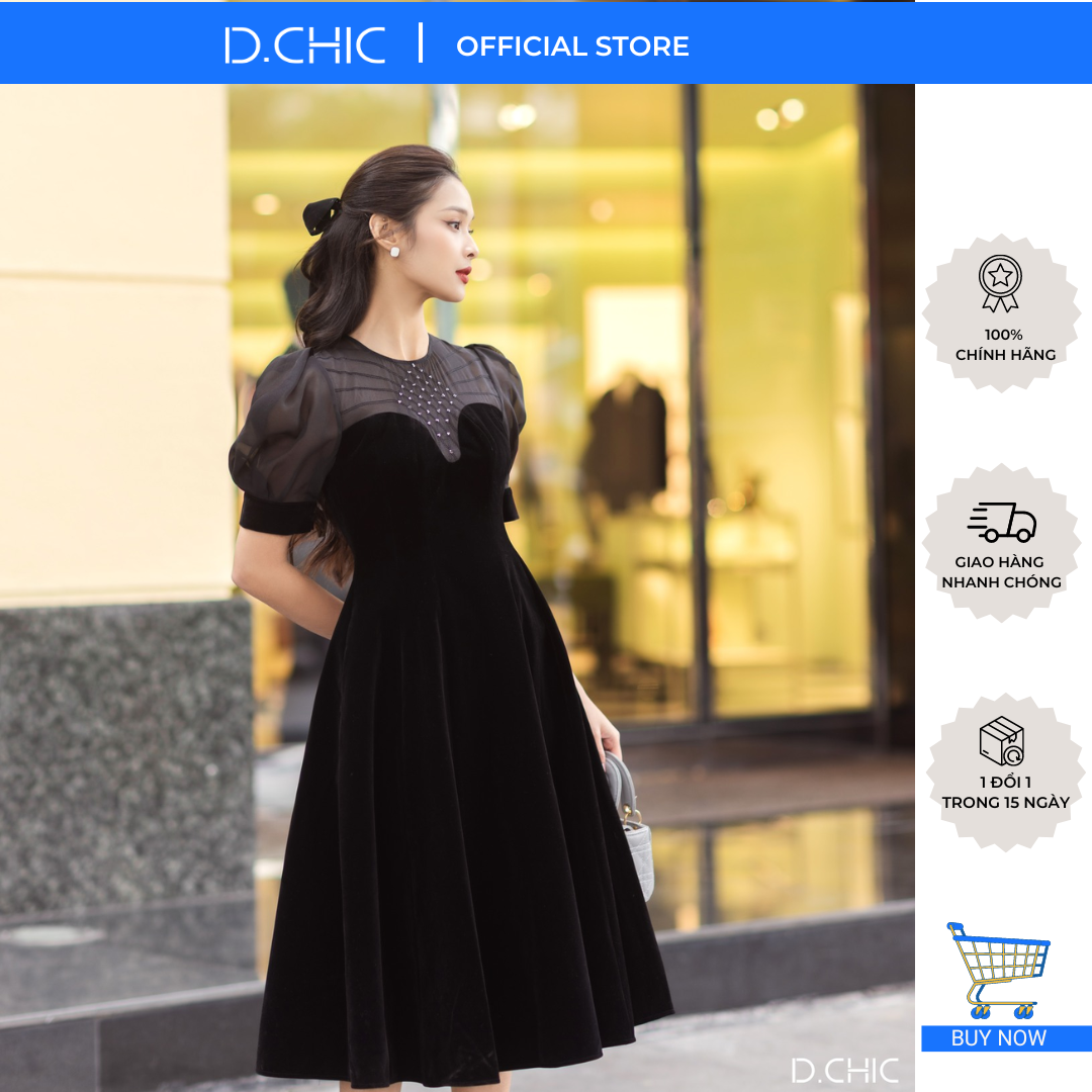 D.CHIC Váy nhung ngực phối tơ trần trám MS: 2813237