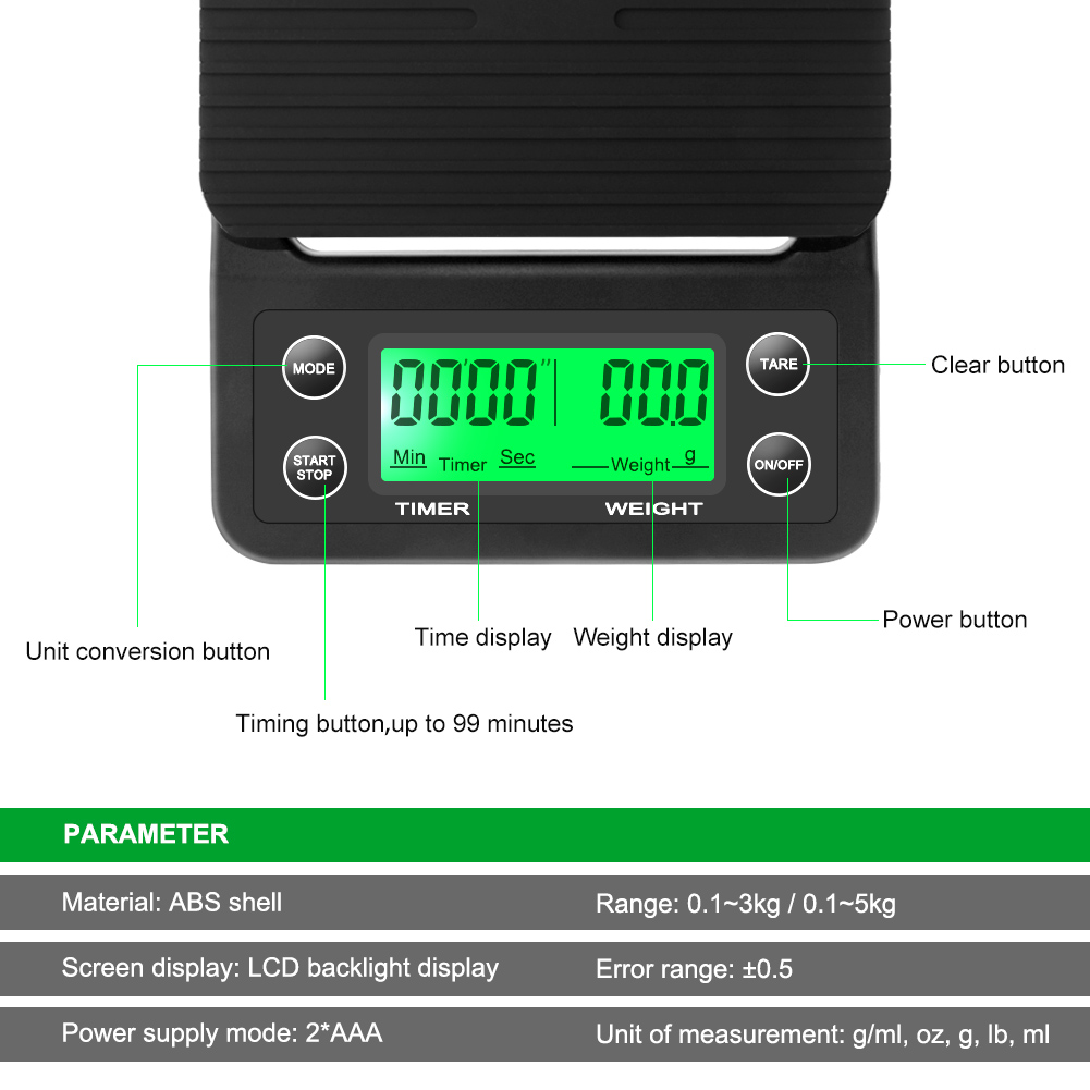 3kg/0.1g 5kg/0.1g Drip Coffee Scale With Timer Portable Electronic Digital Kitchen Scale High Precision LCD Electronic Scales