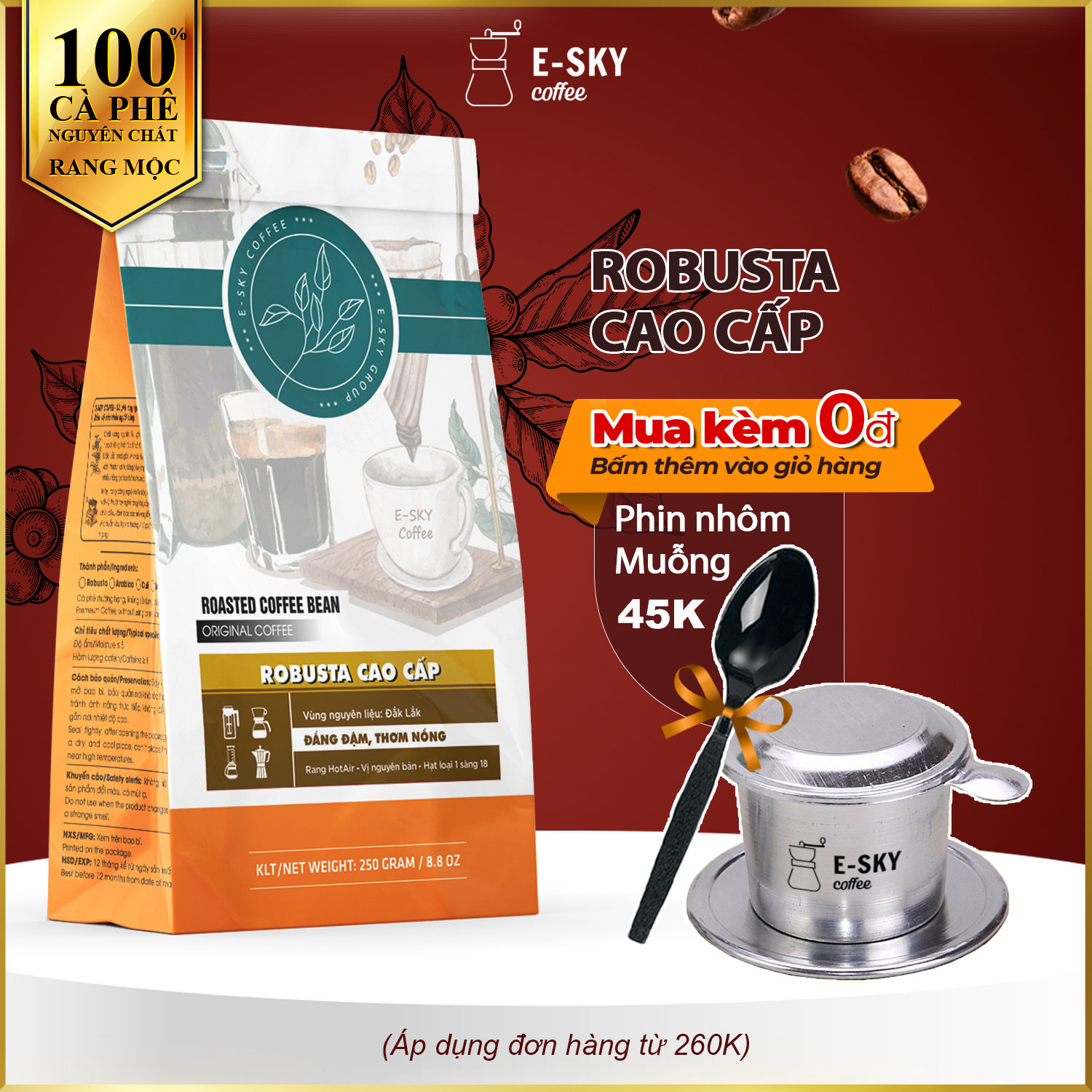Cà Phê Rang Xay Nguyên Chất Robusta E-sky Coffee Cafe Pha Phin Pha Máy Cold Brew 250g-500g