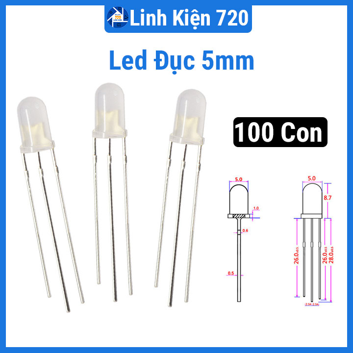 Gói 100 con led đục 5mm 2 chân đơn nhiều màu
