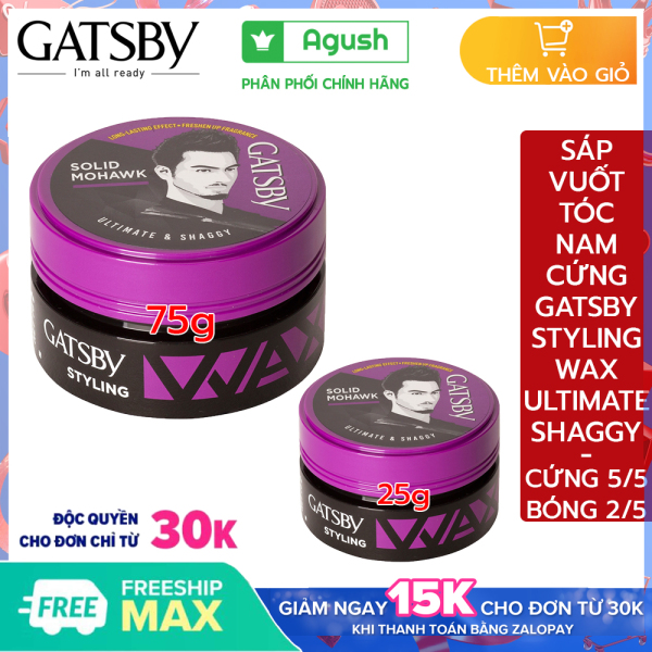 Sáp vuốt tóc nam mùi thơm cứng Gatsby chính hãng Styling Wax Ultimate & Shaggy siêu cứng giá rẻ giữ nếp tạo kiểu phồng Solid Mohawk 25g, 75g bóng vuốt tóc khô ngắn không bết dính dạng sáp mềm gốc nước dễ rửa sạch hương hoa quả cao cấp