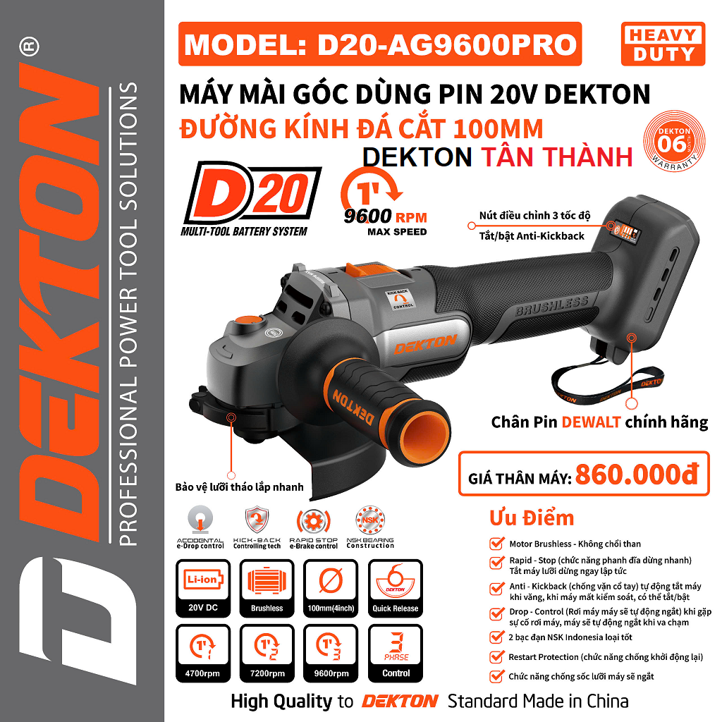Máy cắt DEKTON D20-AG9600PRO bản 2024/ Chân pin Dewalt / Rơi máy tự tắt / Bảo hành 6 tháng