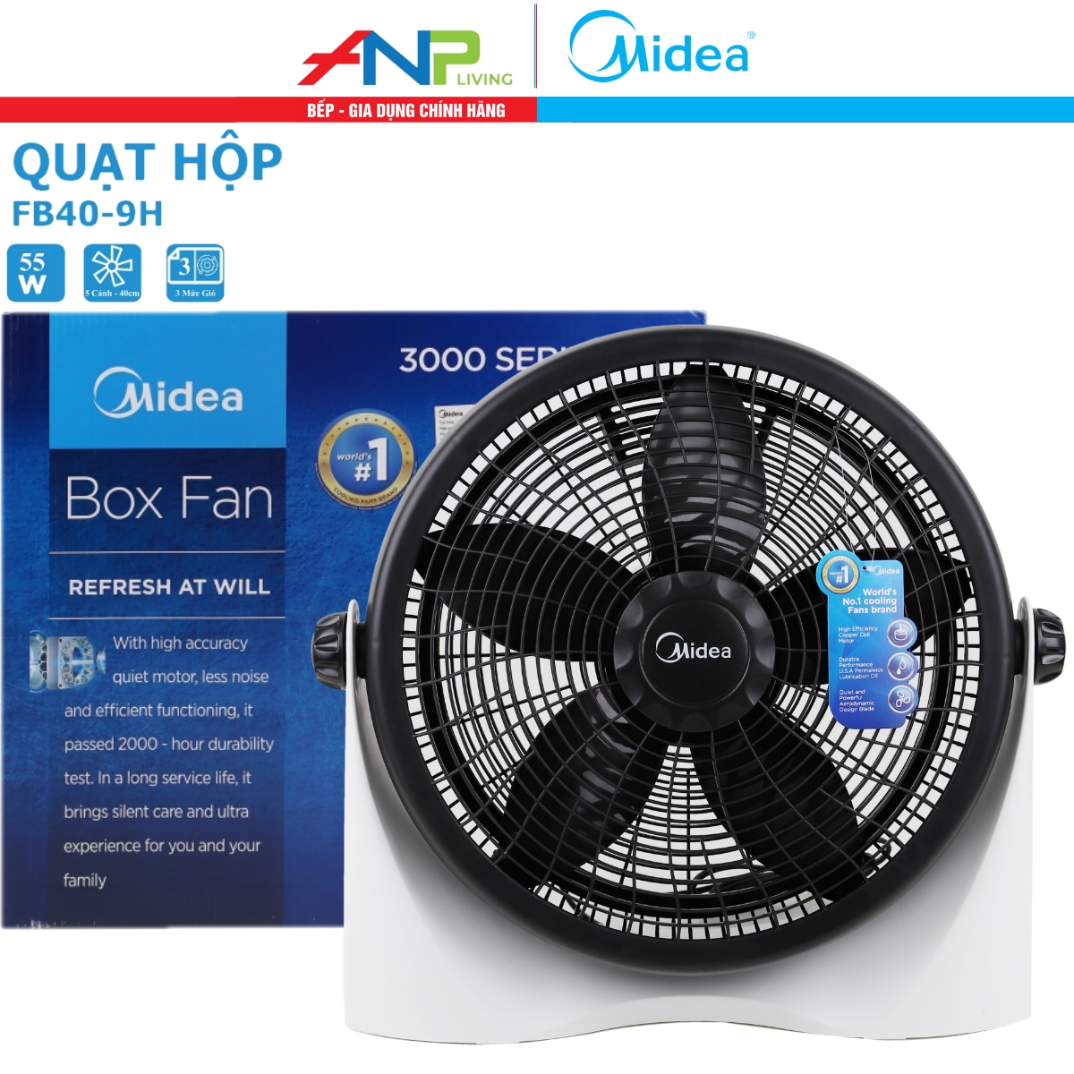 Quạt hộp Midea FB40-9H (Công suất 55W, 5 cánh, Chỉnh Gió 3 Tốc Độ)