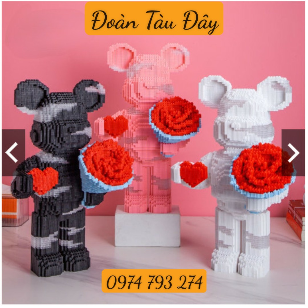 35cm lego xếp Hình Gấu ôm Hoa siêu đẹp có đèn led , Mô Hình Gấu bearbrick size trung phát sáng, ghép hình đẹp , rẻ
