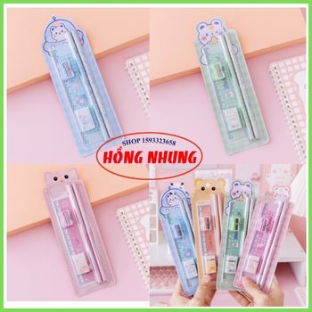 [ Sale Lớn] Bộ Combo Học Tập Xinh Xắn ( 2 Bút Chì, 1 Cục Gôm, 1 Thước, 1 Đồ Chuốt)