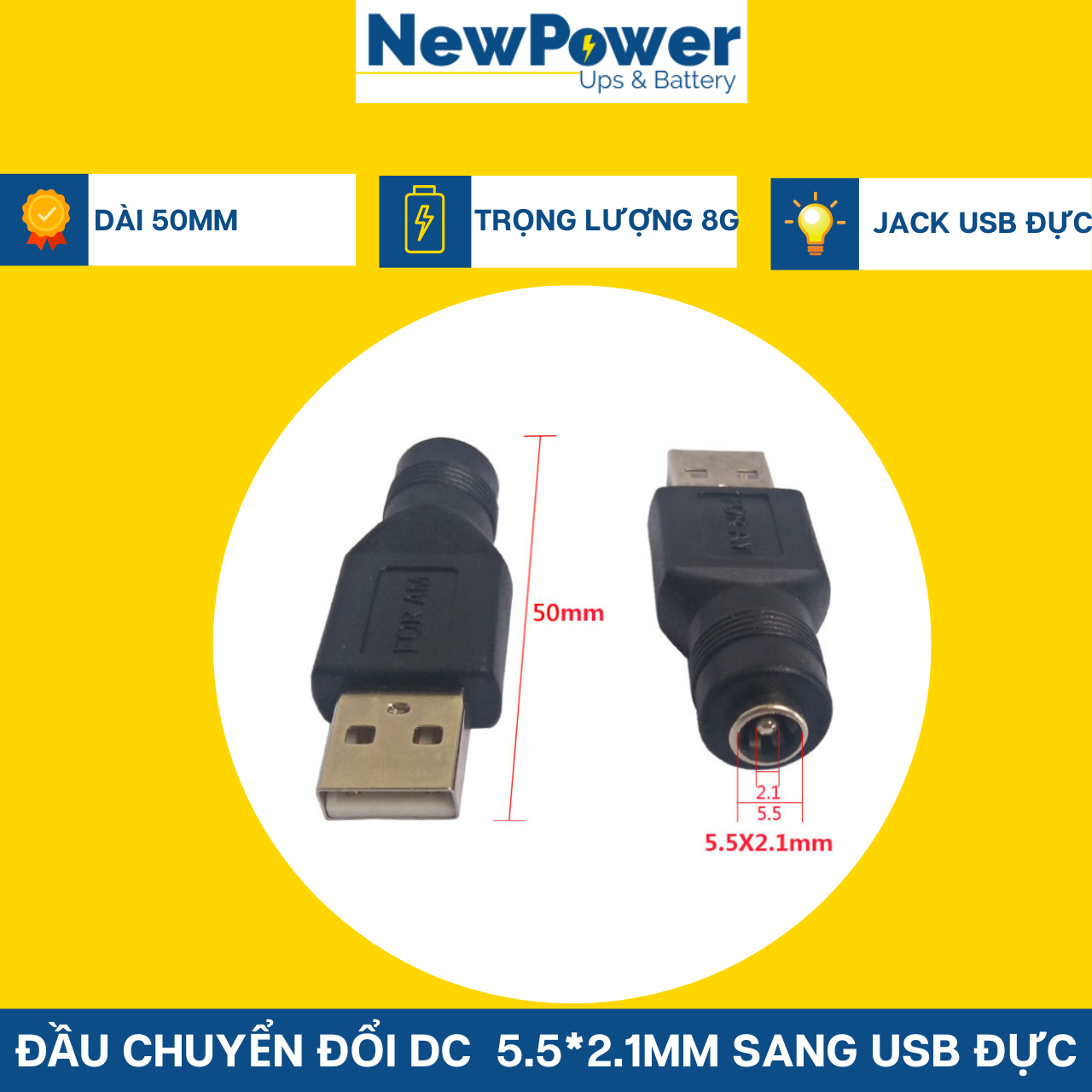 Đầu chuyển đổi DC 5.5x2.1mm sang USB ĐỰC