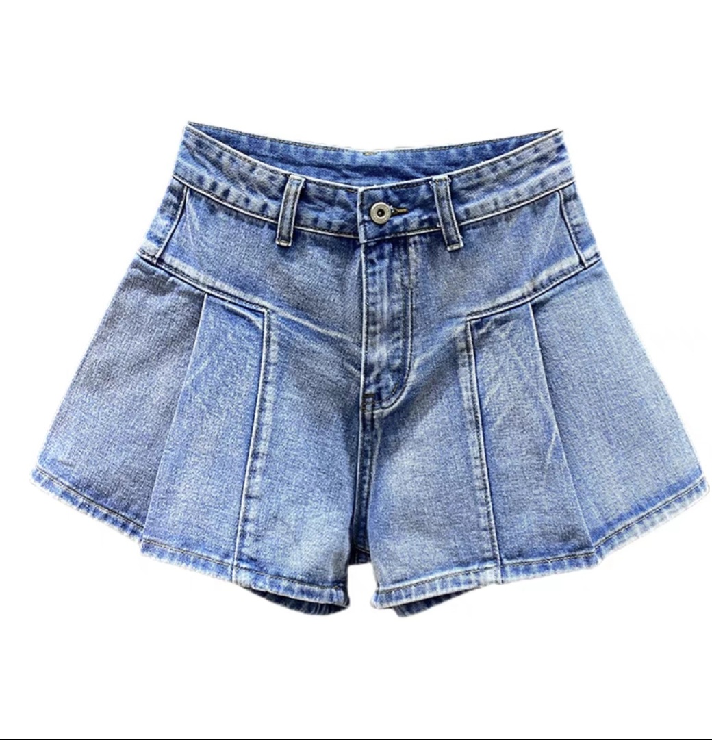quần short jean cạp cao,kiểu xòe,gấp ly,quần váy