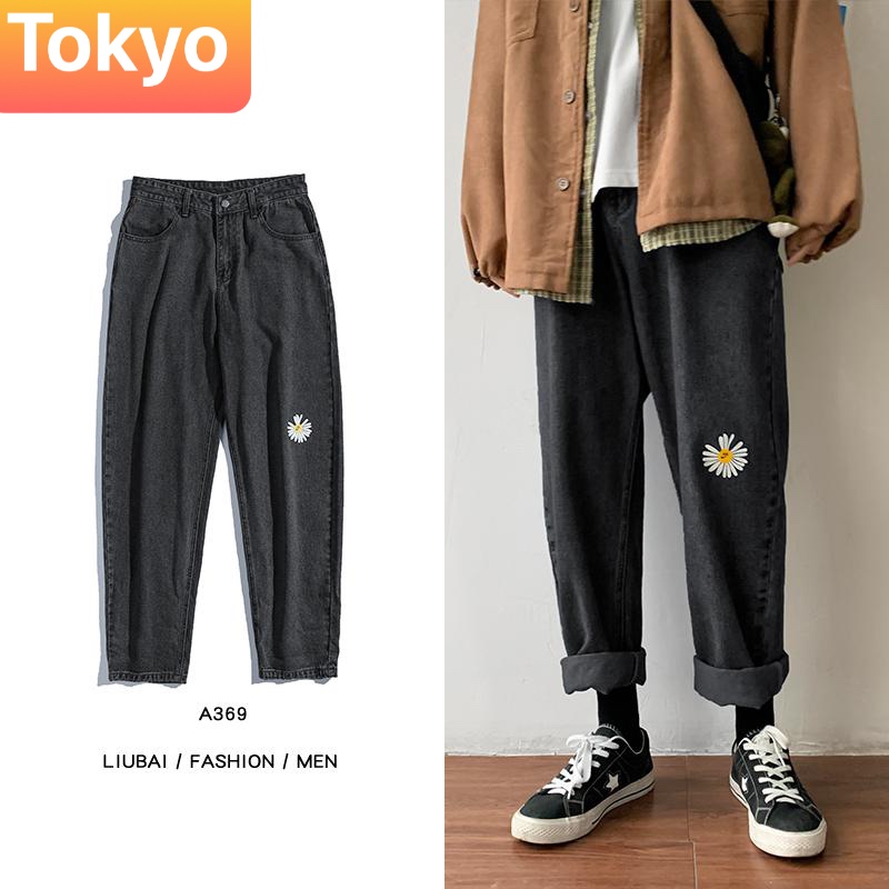 QUẦN BAGGY JEAN NAM CHẤT BÒ ỐNG RỘNG DÀI ĐEN THÊU HOA CÚC PHONG CÁCH SÀNH ĐIỆU CJ-35 - TOKYO FASHION