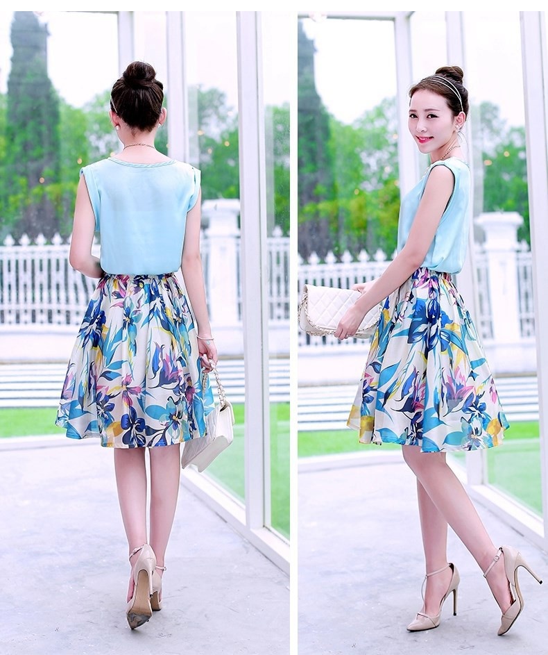 [HCM]Bộ váy hoa xòe và áo sát nách dmk020 (Xanh)