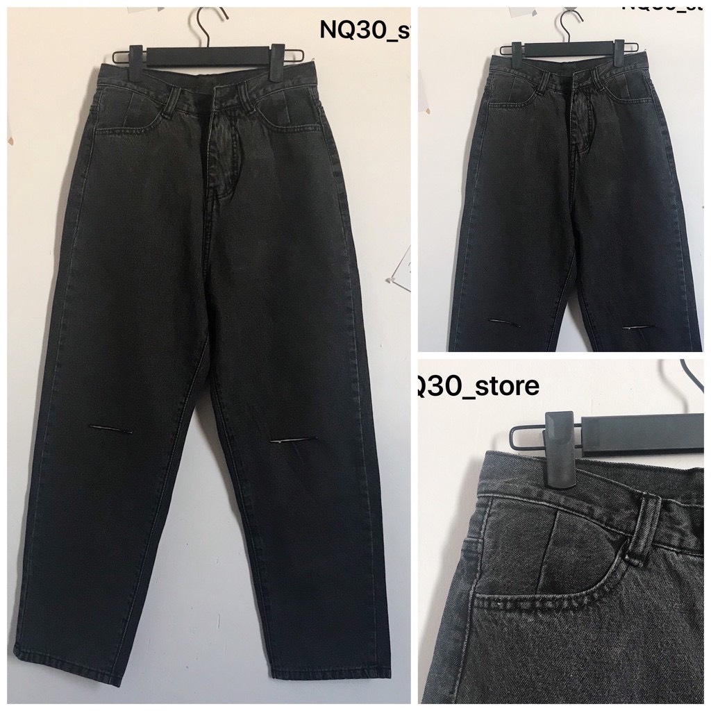 Baggy Jeans Lưng Cao Xám Rách Gối