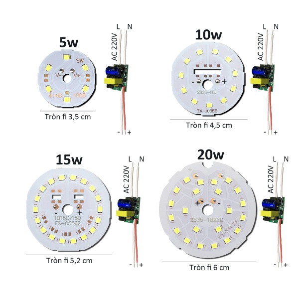 Bảng giá Bảng bo vỉ mạch Led 5w 10w 15w 20w mắt chip Led 2835 siêu sáng +nguồn driver AC220V MLB-5-20x