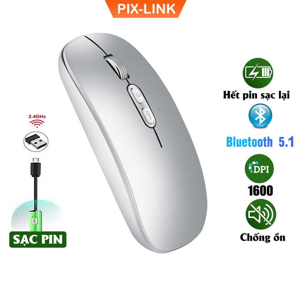 Chuột bluetooth PIXLINK P103BL 2 chế độ sạc pin siêu mỏng không gây tiếng ồn chuyên dùng cho Máy tính, pc, Laptop, Tivi