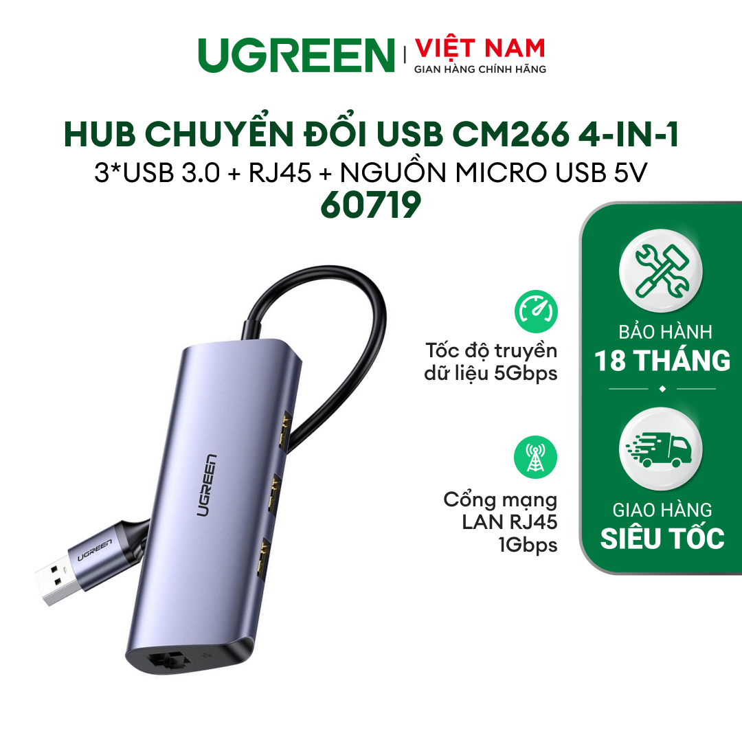 Bộ chia USB 3.0 UGREEN 60719 - Mở rộng 3 cổng USB 3.0 + Lan Gigabit 1000Mbps - Tốc độ truyền dữ liệu 5Gbps - Hàng phân phối chính hãng - Bảo hành 18 tháng 1 đổi 1