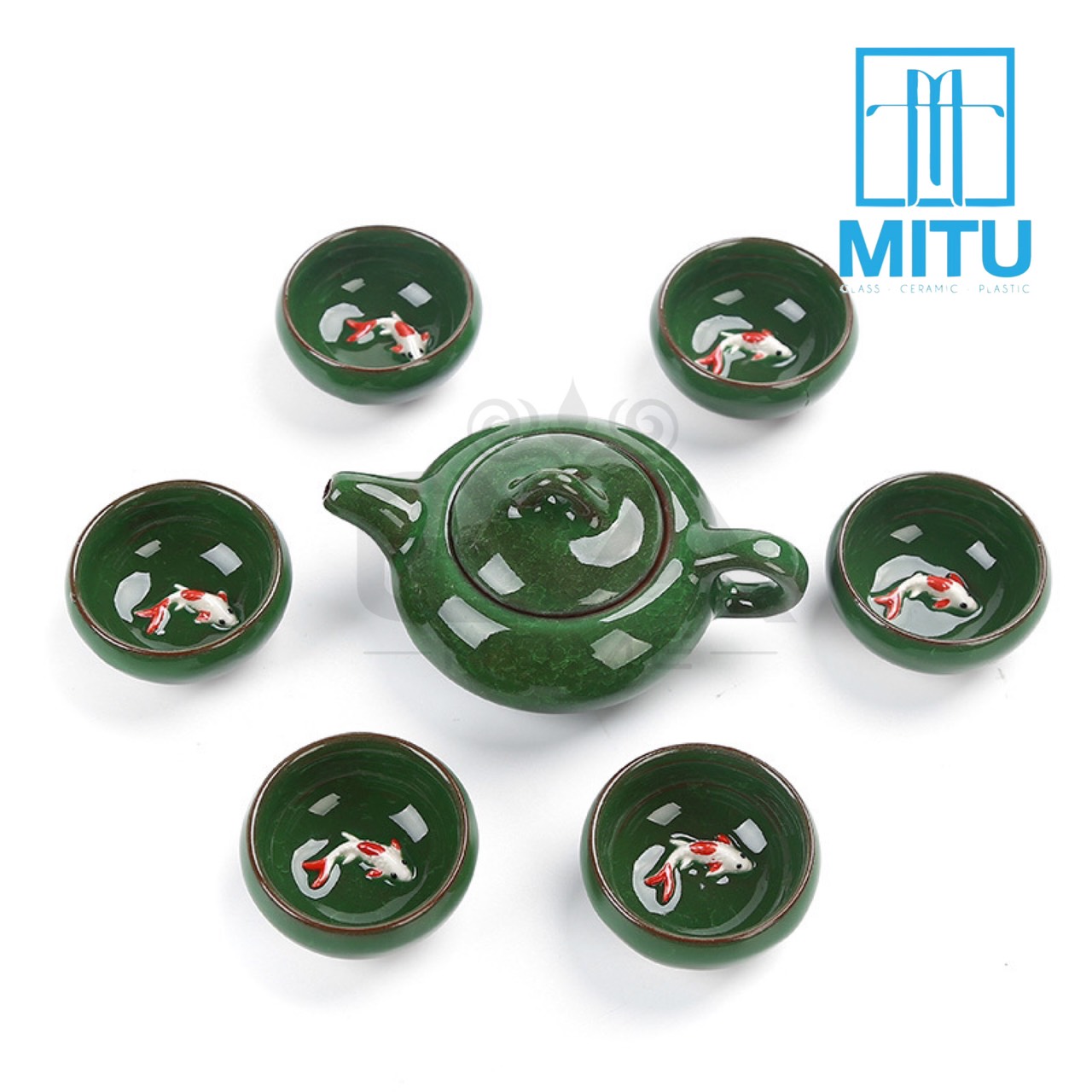 Bộ Ấm 6 Chén Trà Men Ngọc Bích Cá 3D Sang Trọng