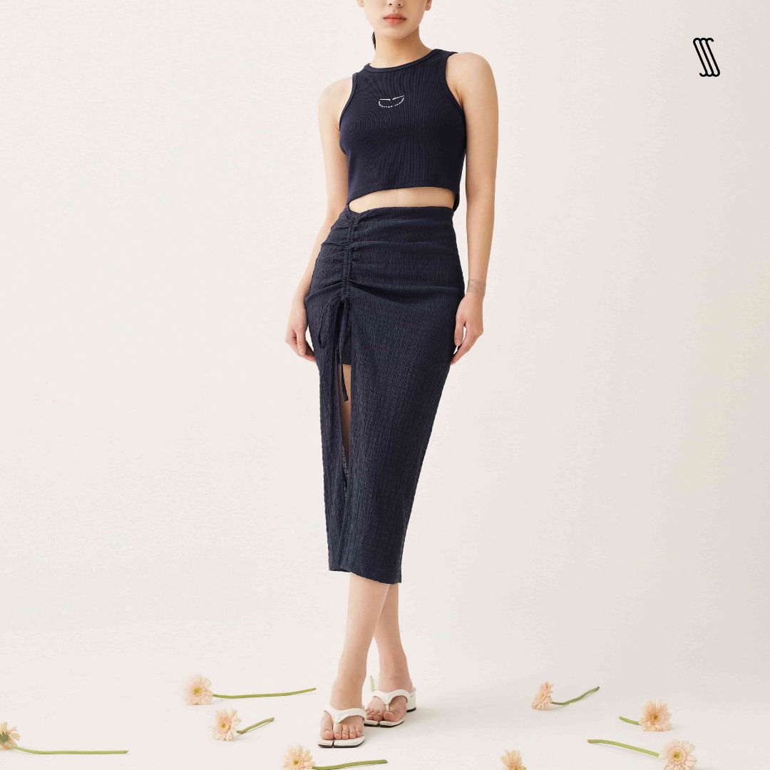 Chân váy nữ SSSTUTTER có dây rút xẻ tà SPLIT MIDI SKIRT