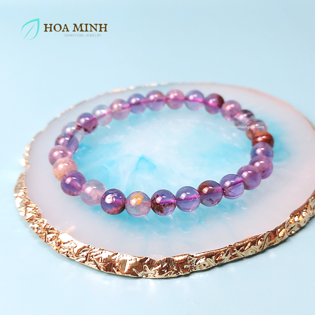 Vòng tay nữ thạch anh ưu linh tím 6 li mix charm bánh xe kim tiền may mắn bình an | hoa minh gem