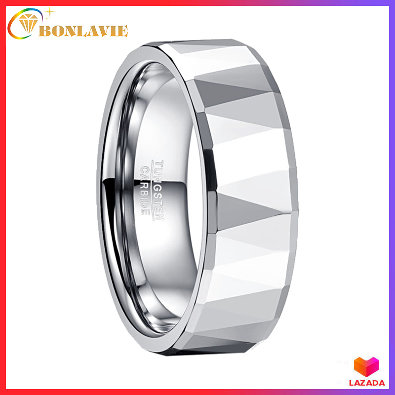BONLAVIE 8mm Width 100% Real Tungsten Steel Ring Outer Surface + Chamfered Batch Steel Color Polished Tungsten Carbide Engraved Rings