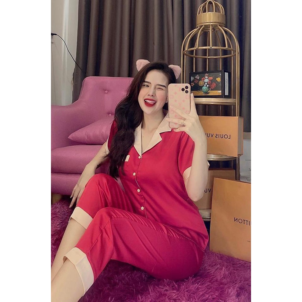Set Pijama Phi Lụa Cao Cấp Tay Ngắn Quần Dài - 90111