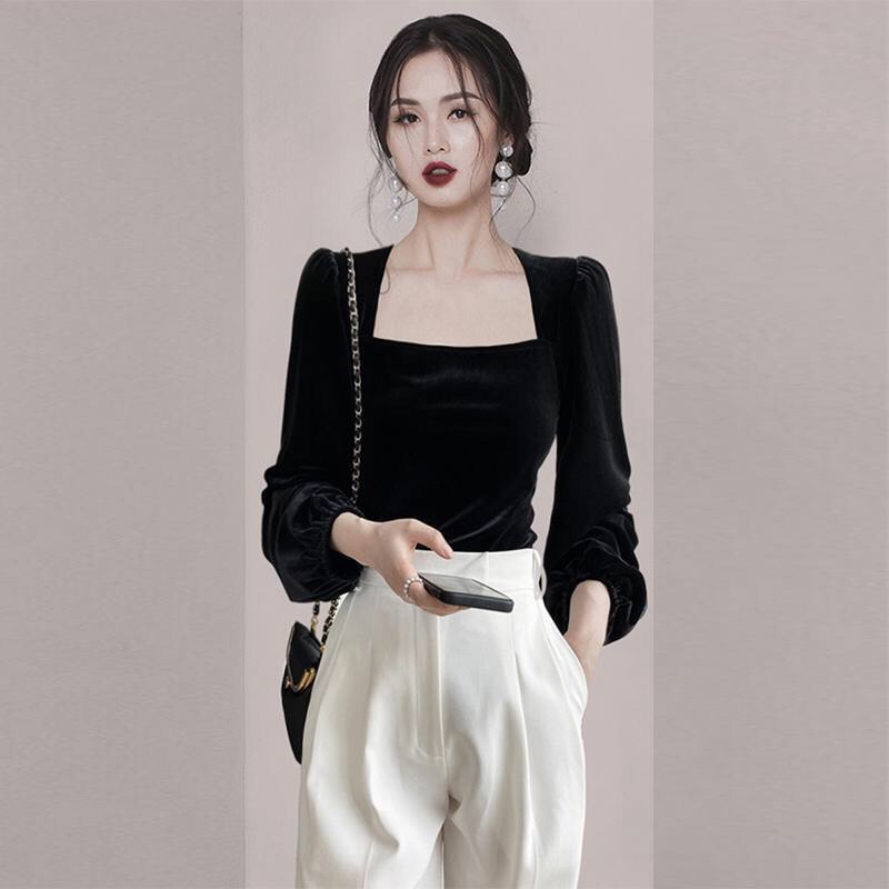 Áo nhung cổ vuông tay phồng tiểu thư