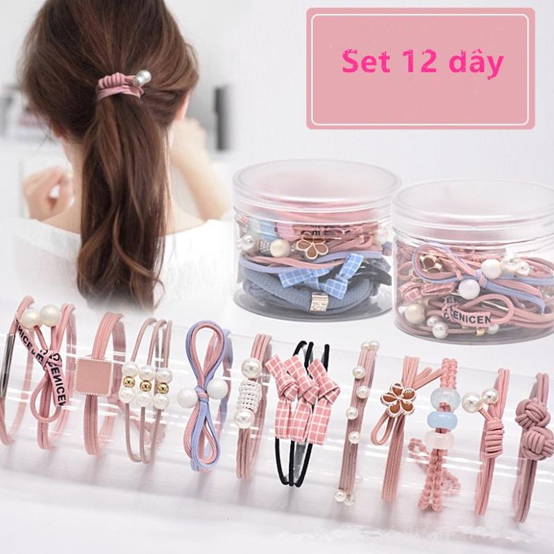 Hộp combo 12 dây buộc tóc,cột tóc kiểu có đính hạt phong cách Hàn Quốc - Phụ Kiện YITA