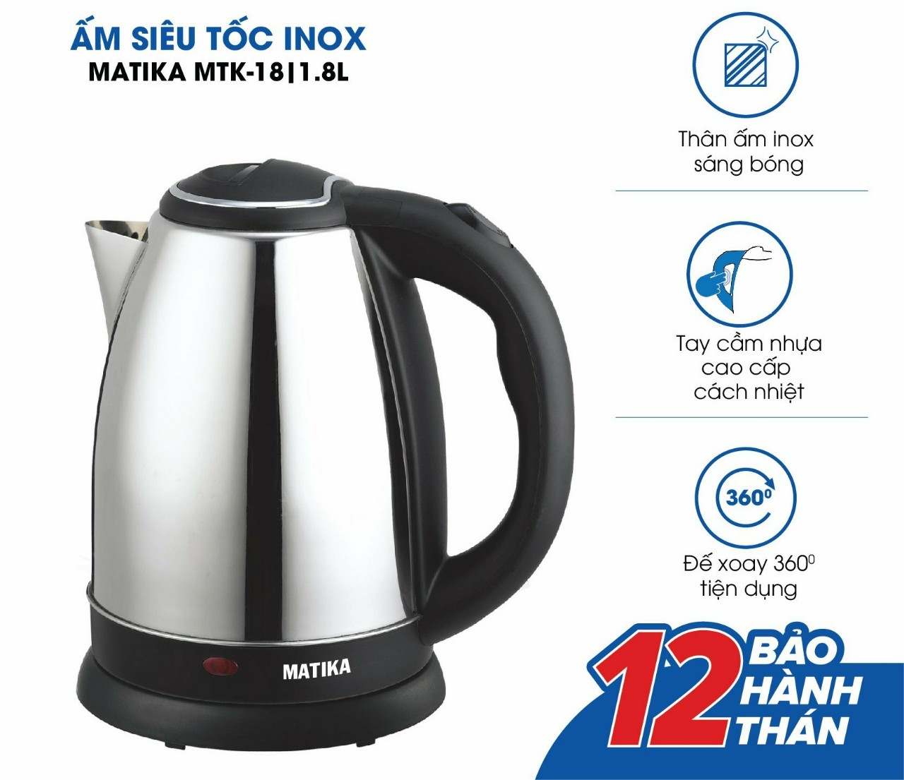 Bình Đun Siêu Tốc MATIKA MTK-18, Ấm Siêu Tốc MATIKA MTK-18