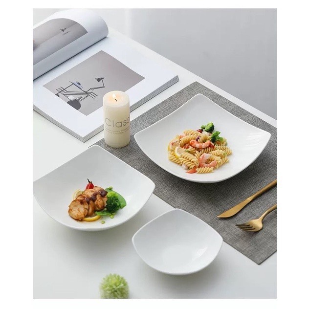 Bộ 2 Dĩa Sứ Vuông Trắng Trơn Sâu Lòng 17cm, Dĩa Decor, Đựng Thức Ăn Tráng Men Cao Cấp Thanh Lịch