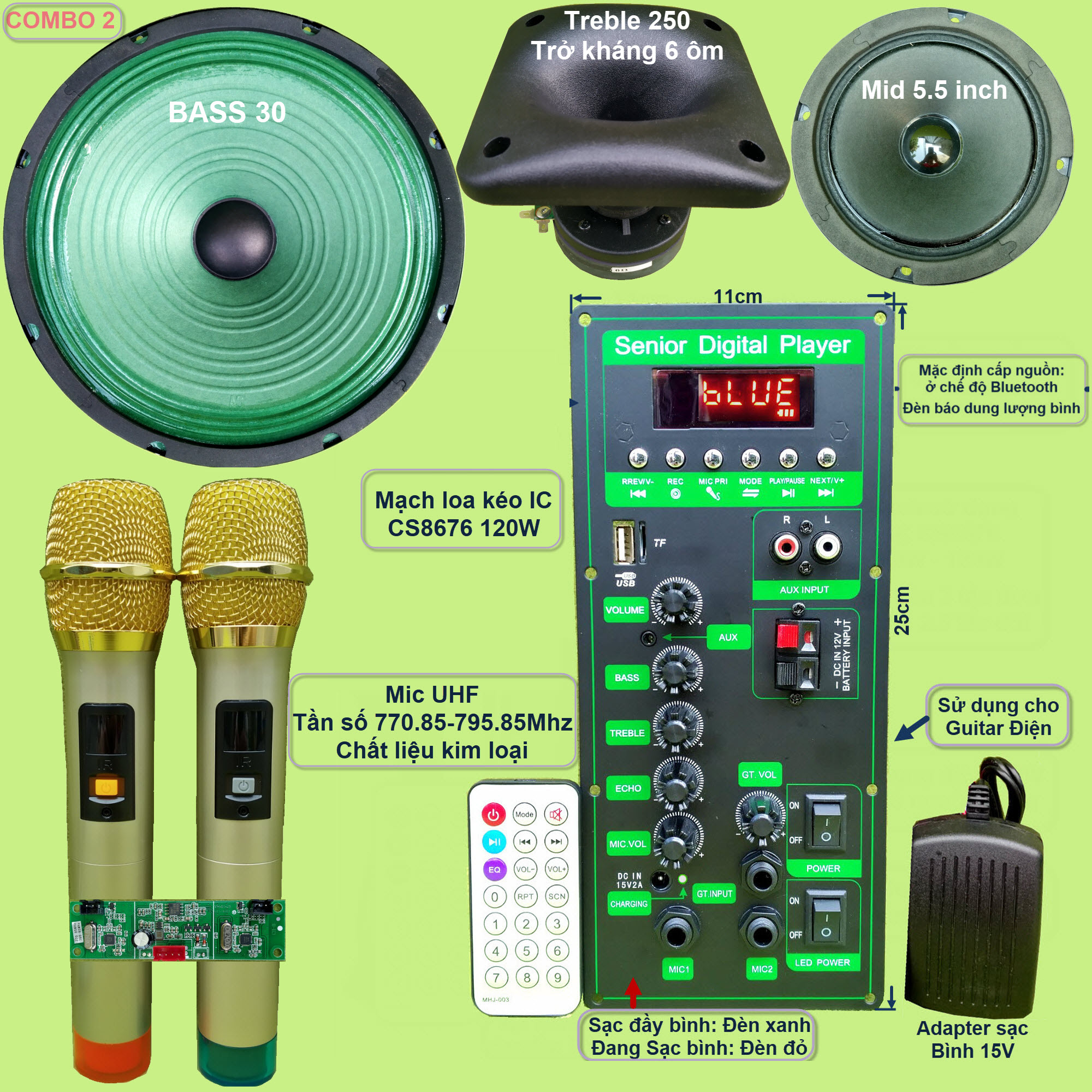 Mạch loa kéo 3 tấc đơn 3 đường tiếng CS8676 công suất 120W kèm Bass 3 tấc màng xanh + Treble 250 + Mid 5.5 inch và kèm Micro – Bluetooth Karaoke Guitar điện