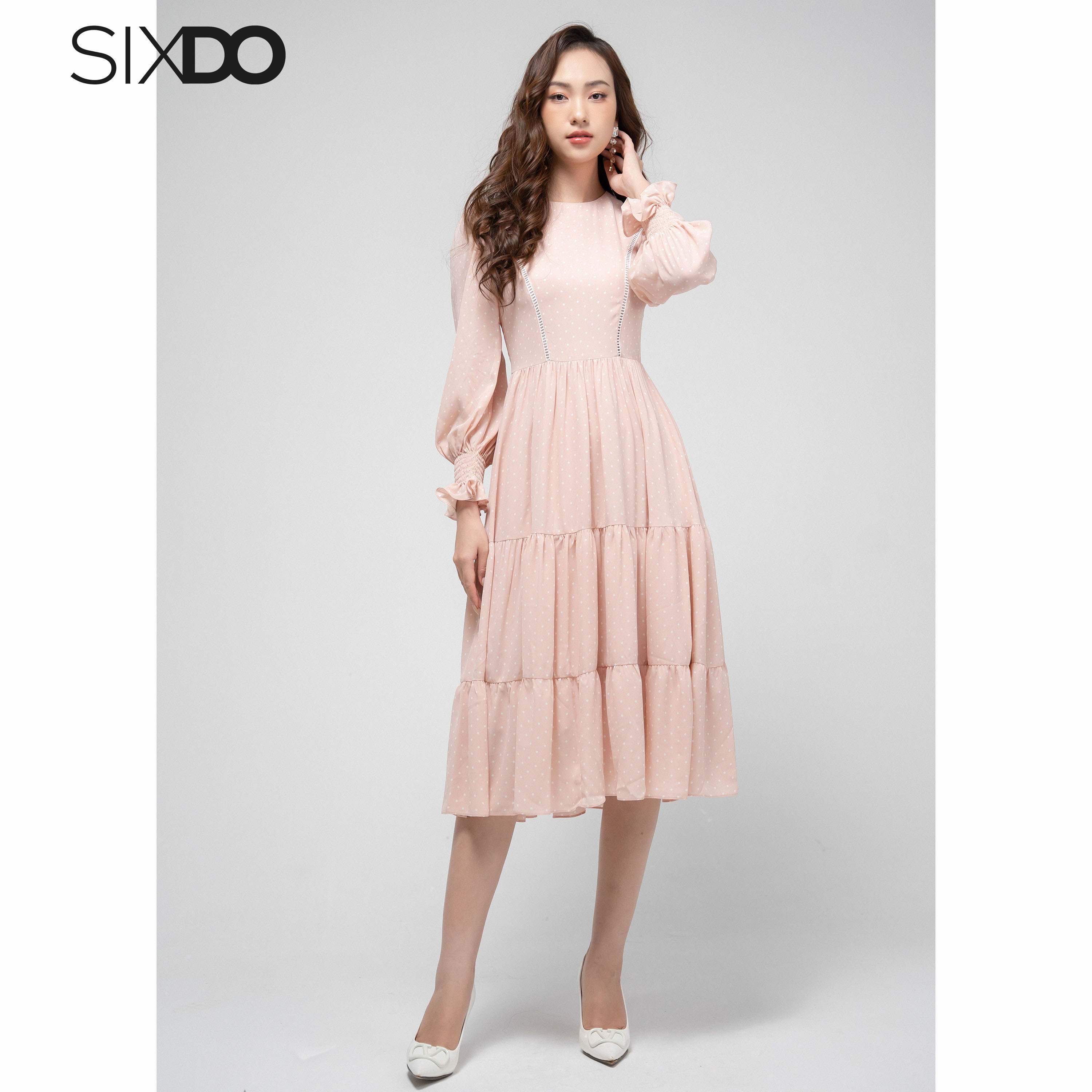 Đầm chiffon dài tay chấm bi SIXDO