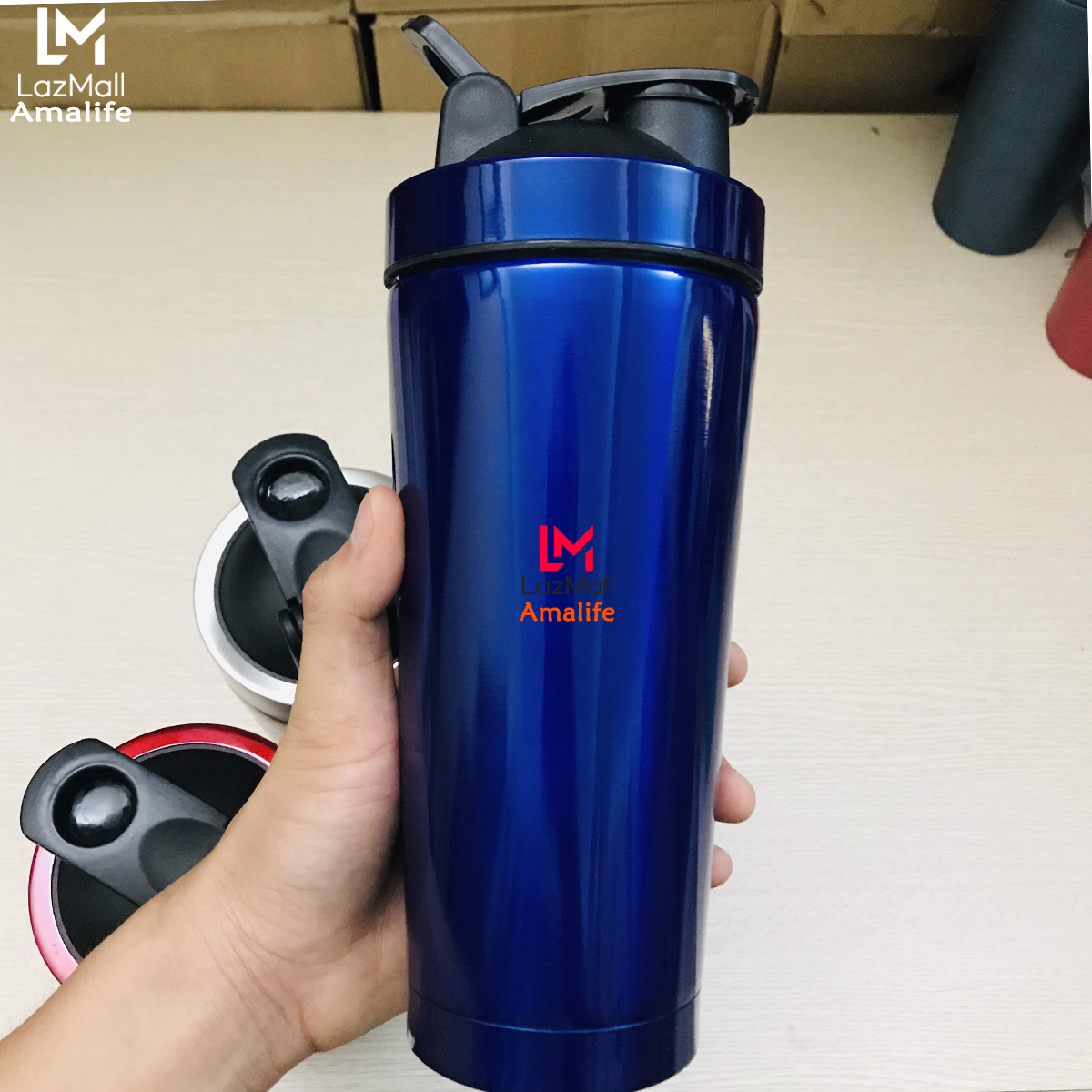 Bình Lắc Shaker Inox Màu Xanh Dương – Bình Lắc Tập Gym Chính Hãng Amalife – Kèm Bóng Lò Xo Lắc