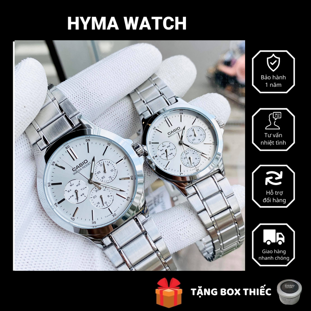 Đồng hồ nam nữ - Đồng hồ cặp đẹp Dây thép Casio V300D - 9A Mặt trắng 6 kim chống nước Bảo hành 1 năm Hyma watch