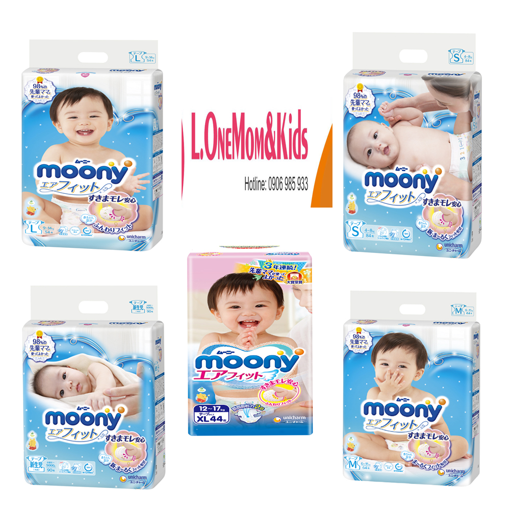 Tã dán Cao Cấp Moony Nhật Bản NB90/S84/M64/L54/XL44