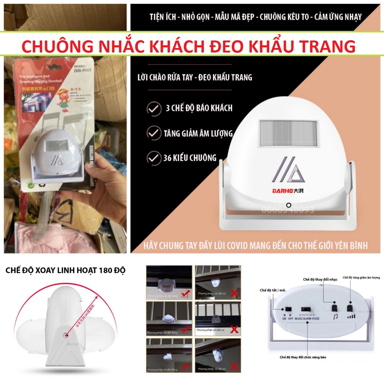 Chuông cửa báo khách có nhạc nhắc đeo khẩu trang và sát khuẩn tay tự động mẫu mới siêu bền chinh hãng, chuông nhắc khách đeo khẩu trang rửa tay tự động bản biệt